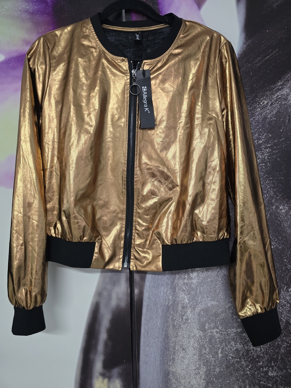 Allegra K Metallic Gold Bomber with Black Trim